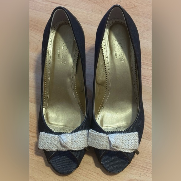 J.Crew Collection Blue Denim Peep Toe Heels Size 8.5 Bow Accent Made in Italy - Picture 2 of 9